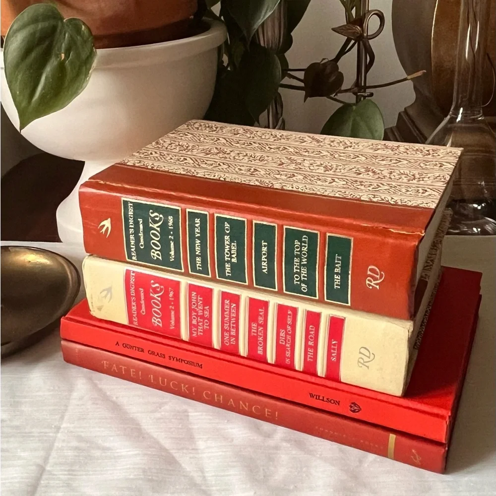 Curated Book Stack Set Decorative Vintage Hardcover Shelf Filler Red Tones